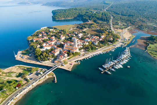 Aerial view of Osor ( Ossero ) is a small town and port on the Cres island in Croatia. It is lies at a narrow channel that separates islands Cres and Lo&scaron;inj. 