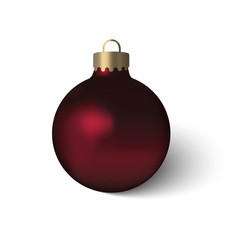 Beautiful red Christmas ball with realistic flame and shadow. 3D mock up of glass Christmas toy isolated on white background. Blank vector template.