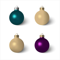 et of beautiful Christmas balls blue, violet, bronze and golden colored with realistic flame and shadow. Vector blank mock up of Christmas toys isolated on white background.