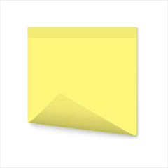 Yellow paper sticker with curled corner isolated, vector blank template.