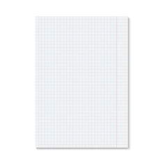 Realistic white paper sheet blue squared. Vector template of single copybook sheet with shadow on white background. 