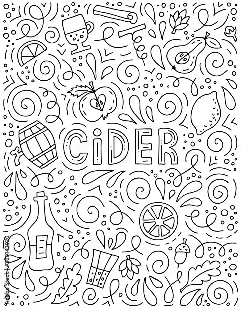 Wall mural cider advertising. vector poster with lettering and main cider symbols. hand-drawn doodle style temp - Wall murals