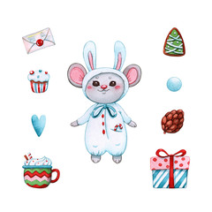 set of little mouse in christmas costume of rabbit