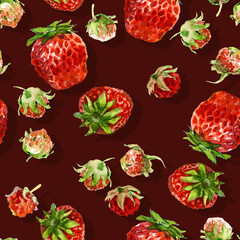 Watercolor seamless pattern with strawberries on burgundy background