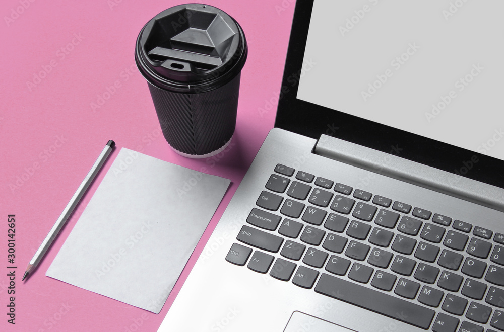 Poster workspace minimal concept. notebook, sheet of paper with a pencil, cardboard container of coffee on 