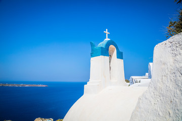 Beautiful view of famous romantic white town in Santorini Island, Greece