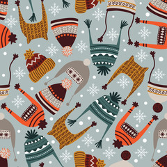 winter seamless pattern with hats and snowflakes - vector illustration, eps