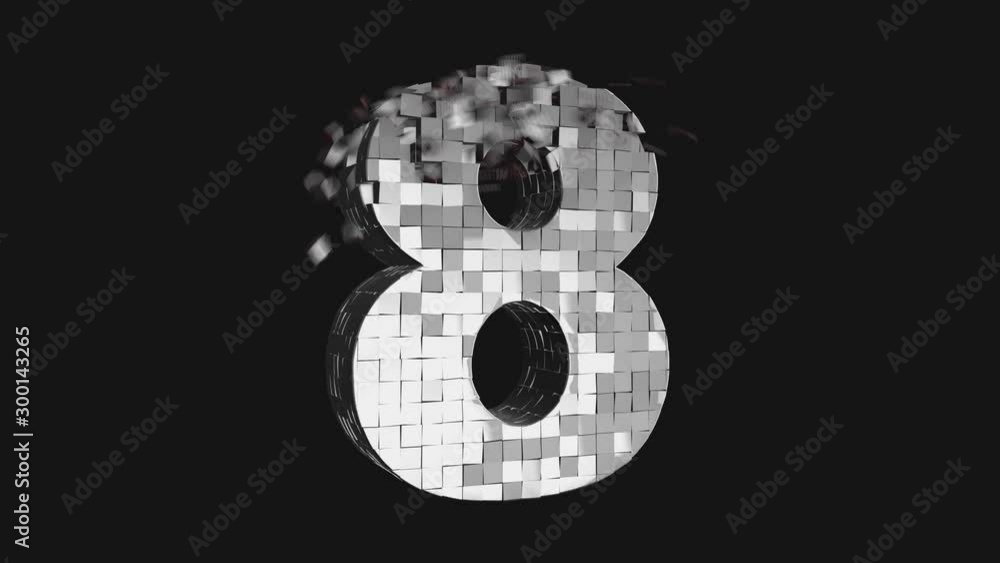 Poster number 8 - build and destroy number eight from metallic cubes, 3d number animation on dark and chrom