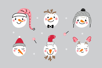 Vector Collection of Cute Snowman Faces. Cartoon Funny Doodle Snowman Heads Set. Winter Holidays, Christmas and New Year Design
