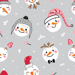 Fototapeta na wymiar Seamless Pattern of Cute Snowman Faces. Winter Holiday Background with Cartoon Funny Doodle Snowman Heads. Christmas and New Year Vector Design