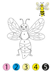 Coloring concept. Funny bee coloring page with number of color. Black and white draw with color example.