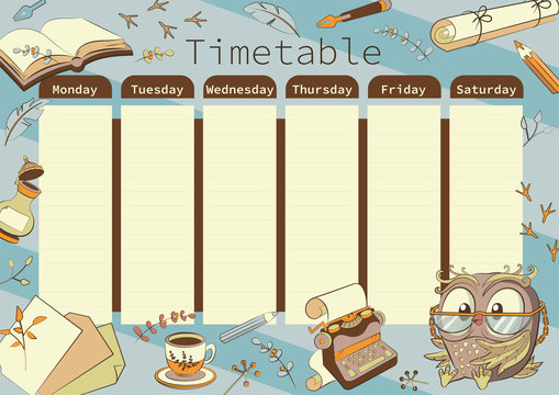 School timetable with a cute wise owl. For schoolchildren, students, teachers.