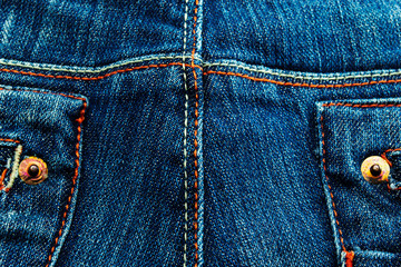 Close up of Blue jeans,Detail of vintage jeans texture with pocket studs and stitch with selective focus.