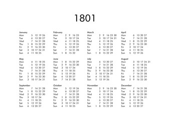Calendar of year 1801