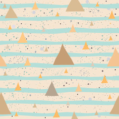 Cute Pattern with Golden triangles with pastel blue stripes. beige background with tiny dots.