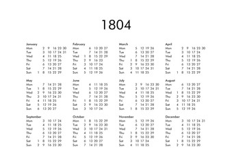 Calendar of year 1804