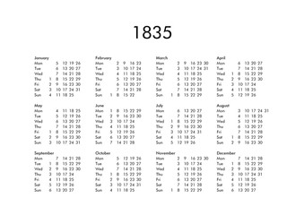 Calendar of year 1835