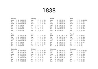 Calendar of year 1838