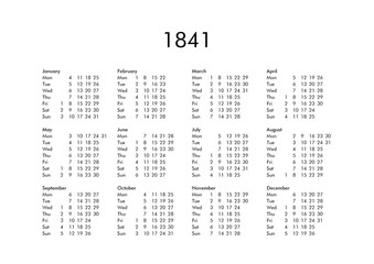 Calendar of year 1841