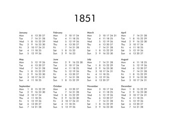 Calendar of year 1851