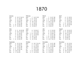 Calendar of year 1870