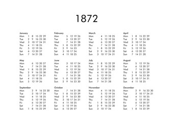 Calendar of year 1872