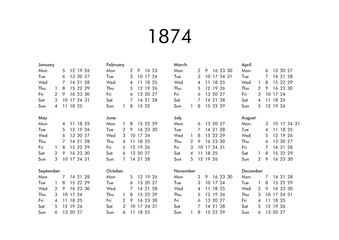 Calendar of year 1874