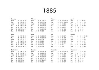 Calendar of year 1885
