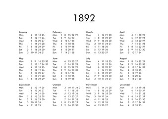 Calendar of year 1892