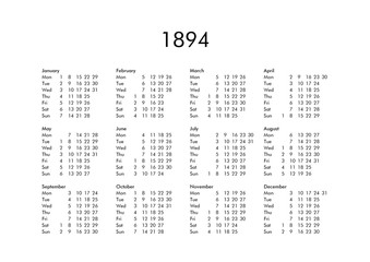 Calendar of year 1894
