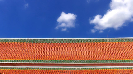 colour asian style temple roof tiles with white cloud and blue sky background