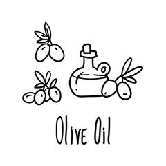 Olives and oil in bottle icon. Hand drawn doodle drawing.