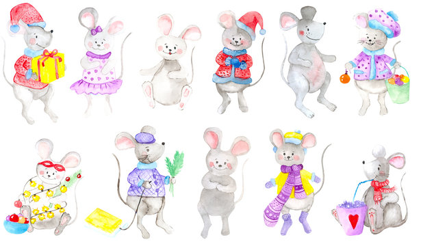 Christmas with watercolor elements. Set of New Year's mice in clothes and without.