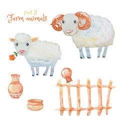 Family of cute pets: sheep and ram. Jug, pot, wattle fence isolated on white.