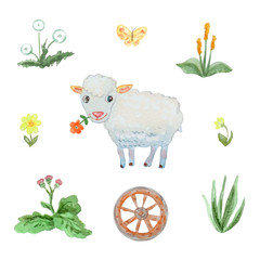 Cute sheep and a set of watercolor wildflowers and a cart wheel.