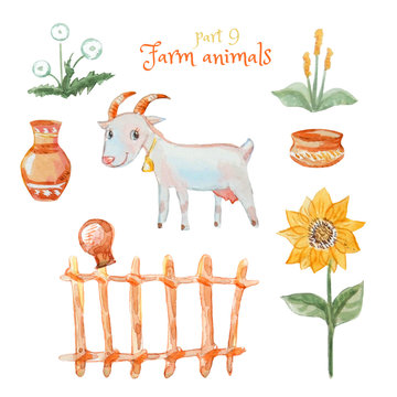 Cute goat and a set of watercolor cartoon illustrations: wicker fence, wildflowers, a sunflower, a pot and a jug.