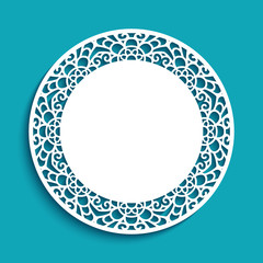 Round lace doily under cake with cutout border ornament, template for laser cutting, lacy napkin, elegant decoration for wedding invitation card with place for text