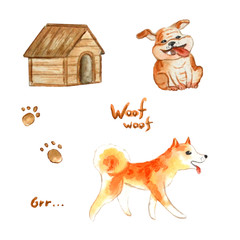 Set of cute thoroughbred dogs, booth, footprints.