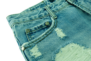 Close up of Blue jeans,Detail of vintage jeans texture with pocket studs and stitch with selective focus.