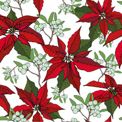 Christmas seamless pattern of red poinsetia and nuts and mistletoe, on a white background. Christmas decoration on white. Vector EPS 10.
