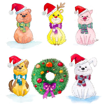 Set of animals in a Christmas hat. Bear, hare, deer, dog, pig in Santa Claus hat.