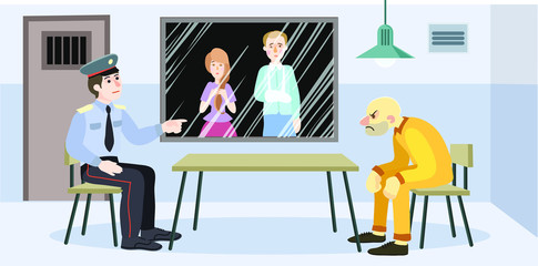 Interrogation of guilty man or police crime investigation on investigate room background. People cartoon characters of policemen, lawyer and citizens in police station. Flat vector illustration.