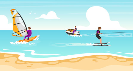 Water sports flat vector illustration. Windsurfing, water skiing experience. Sportsman on water scooter active outdoor lifestyle. Tropical coastline, turquoise waterscape. Athletes cartoon characters