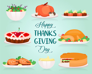 Happy Thanksgiving flat greeting card vector template. Different types of holiday dishes. Turkey and cherry pie. Postcard design with cartoon illustrations. Banner, poster layout with typography