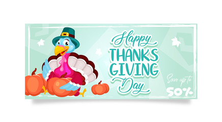 Happy Thanksgiving day banner flat vector template. Autumn holiday sale. Piligrims turkey with pumpkins isolated cartoon character. Banner, brochure, leaflet design layout with place for text