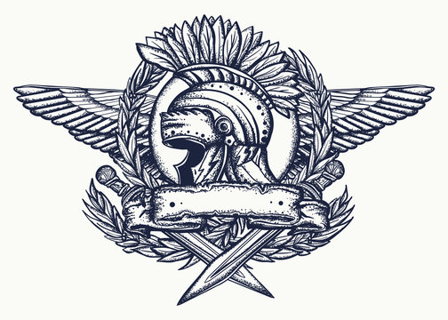 Spartan helmet, wings, crossed swords and laurel wreath. Ancient Rome tattoo. Gladiator art. Old Italian history. Symbol of war, courage, strength