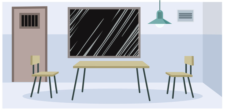 Interrogation Room At The Police Station, An Empty Crime Interrogation Room With A Table And Two Chairs And A Glass Window, A Door, A Place For Interrogation Of Detainees. Vector Illustration