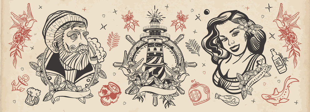 Sea adventure vintage collection. Old school tattoo. Sea wolf captain, sailor girl, lighthouse, anchor, shark and steering wheel. Traditional tattooing style. Marine elements © intueri