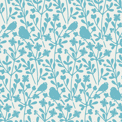 seamless vector blue vintage pattern with birds sitting on floral braches - 300149484