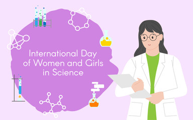 Woman chemist with a folder. International Day of Women and Girls in Science. Woman chemist. Woman scientist. Illustration with the ability to change colors. Flat style. Set of icons.
